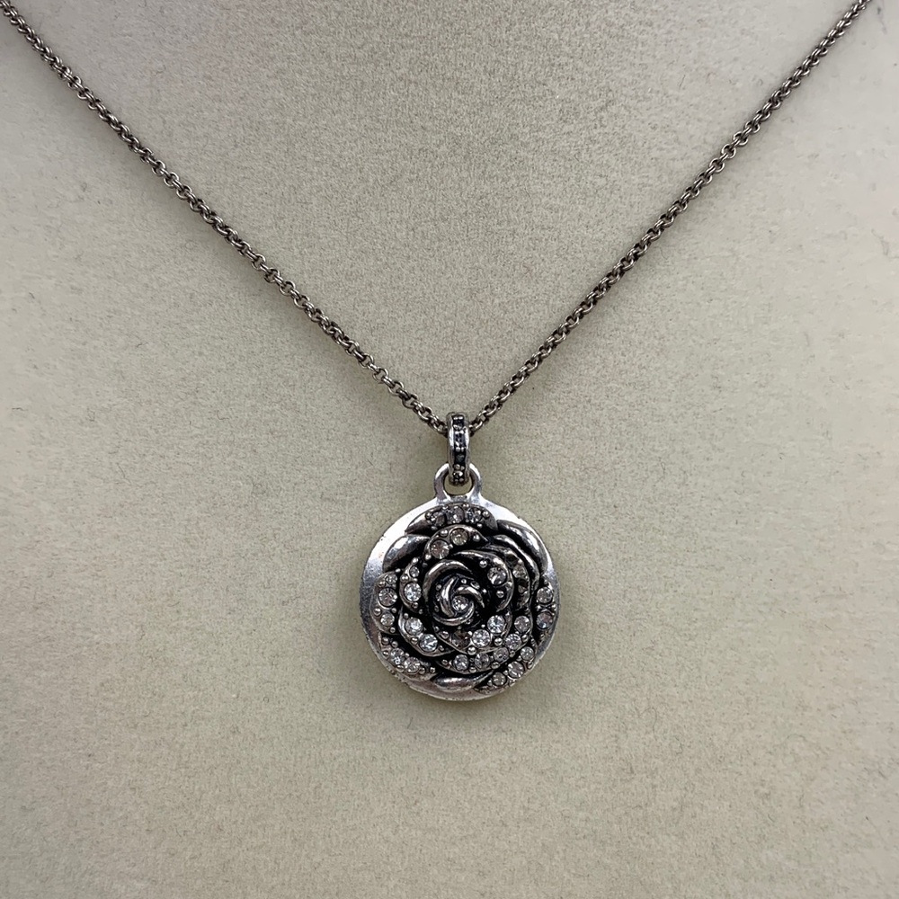 Fossil Silver Rose Sparkle Pendant Necklace Live in Sunshine Quote 18โ Chain